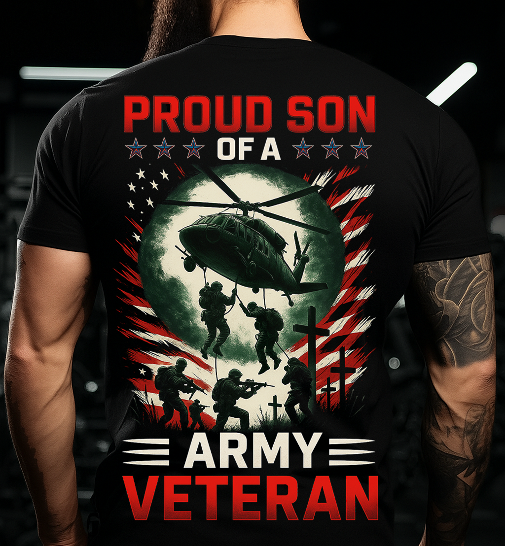 Proud Son of an Army Veteran T-Shirt – Patriotic Military Tribute Tee, Meaningful Gift for Dad and Grandpa Who Served in the US Army