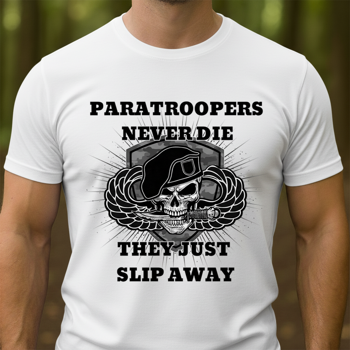 Paratroopers Never Die T-Shirt, Sweatshirt,Hoodie – Airborne Veteran Apparel – Skull with Beret and Jump Wings Military Tribute Tee for Men