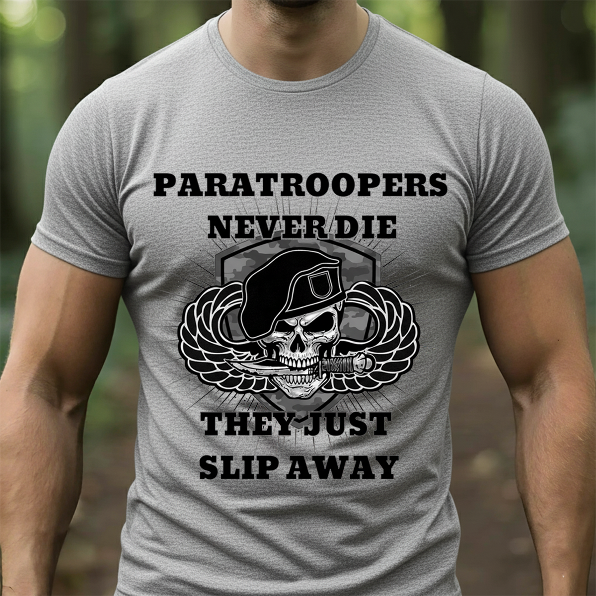Paratroopers Never Die T-Shirt, Sweatshirt,Hoodie – Airborne Veteran Apparel – Skull with Beret and Jump Wings Military Tribute Tee for Men