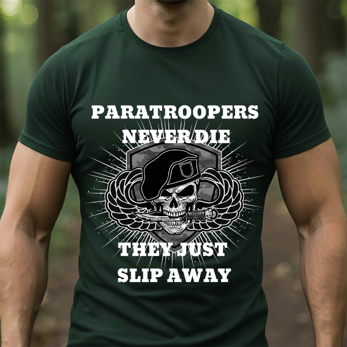 Paratroopers Never Die T-Shirt, Sweatshirt,Hoodie – Airborne Veteran Apparel – Skull with Beret and Jump Wings Military Tribute Tee for Men