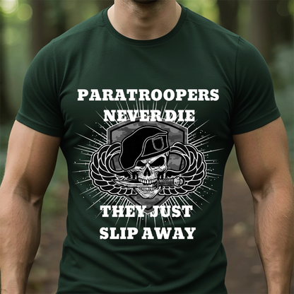 Paratroopers Never Die T-Shirt, Sweatshirt,Hoodie – Airborne Veteran Apparel – Skull with Beret and Jump Wings Military Tribute Tee for Men
