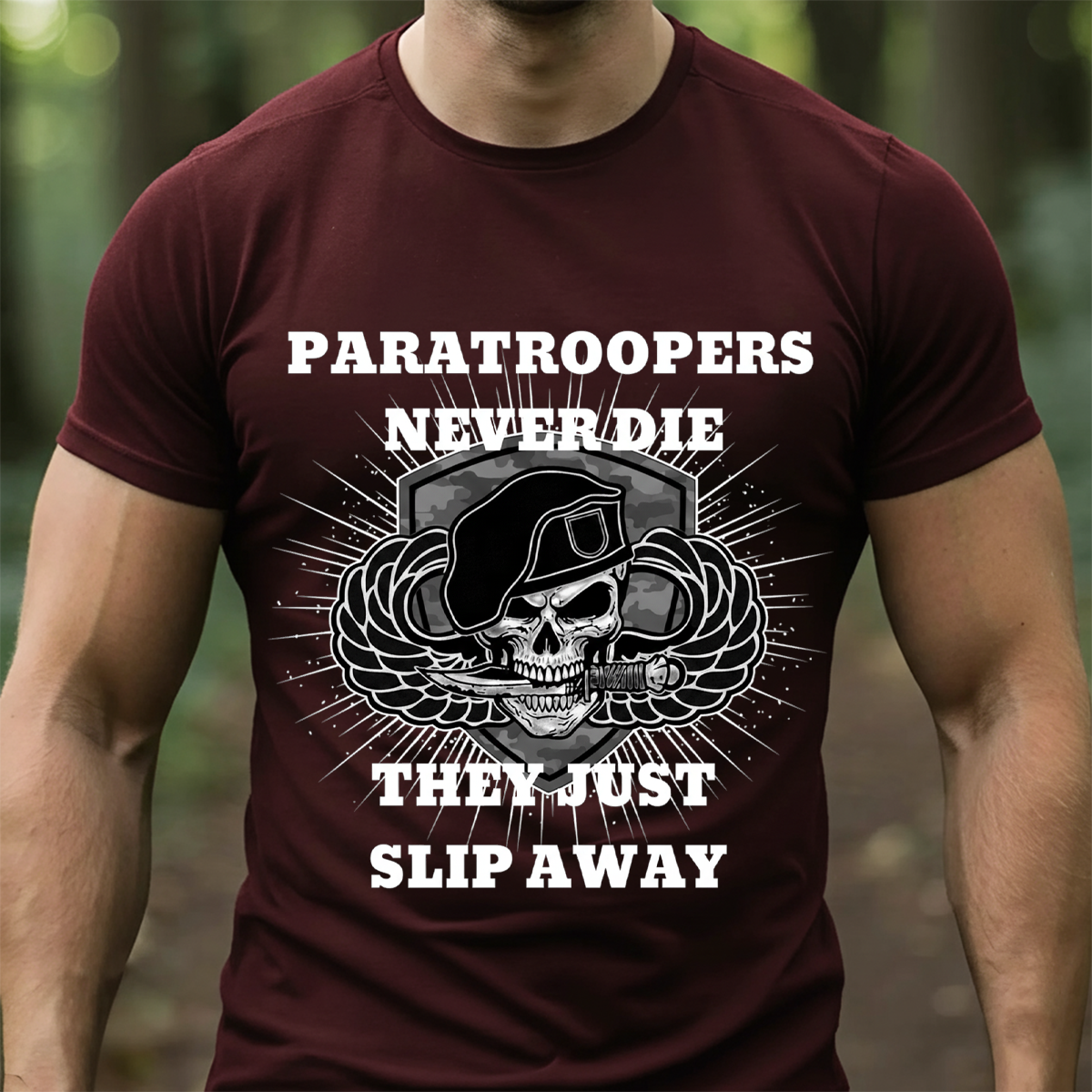 Paratroopers Never Die T-Shirt, Sweatshirt,Hoodie – Airborne Veteran Apparel – Skull with Beret and Jump Wings Military Tribute Tee for Men