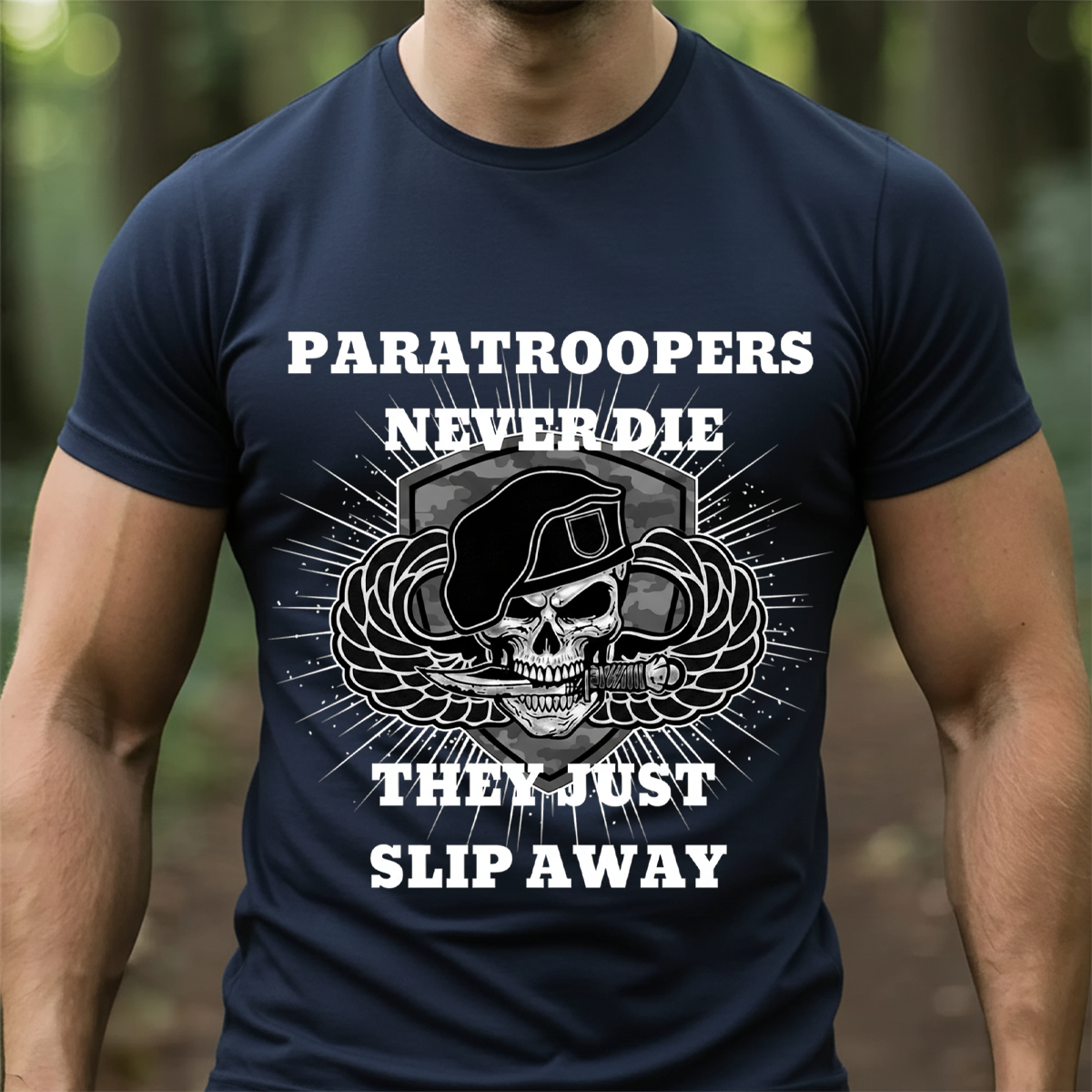 Paratroopers Never Die T-Shirt, Sweatshirt,Hoodie – Airborne Veteran Apparel – Skull with Beret and Jump Wings Military Tribute Tee for Men