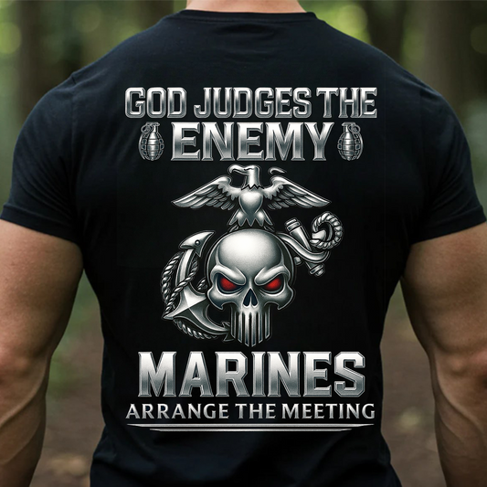 Semper Fi Marines Shirt – God Judges The Enemy Marines Arrange The Meeting T-Shirt, USMC Veteran Military Pride Tee, Skull and Eagle Design