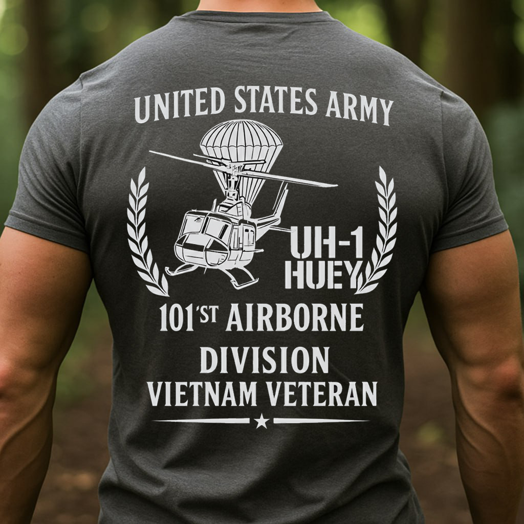 US Army 101st Airborne Vietnam Veteran T-Shirt – UH-1 Huey Helicopter Tee, Gift for Veterans Day