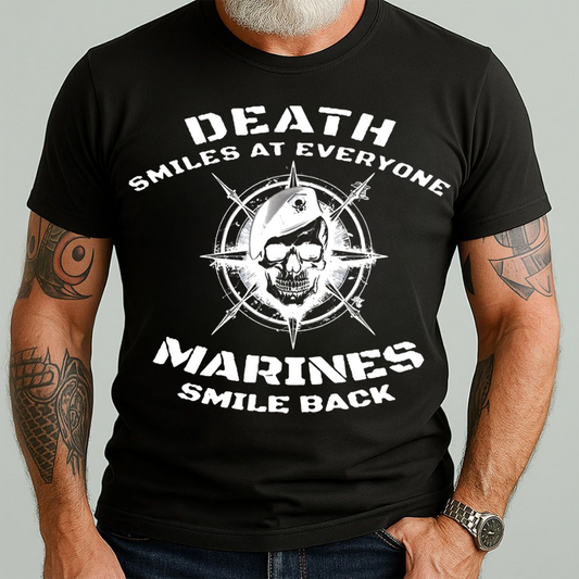 MARINE T-SHIRT - DEATH SMILES AT EVERYONE MARINES SMILE BACK