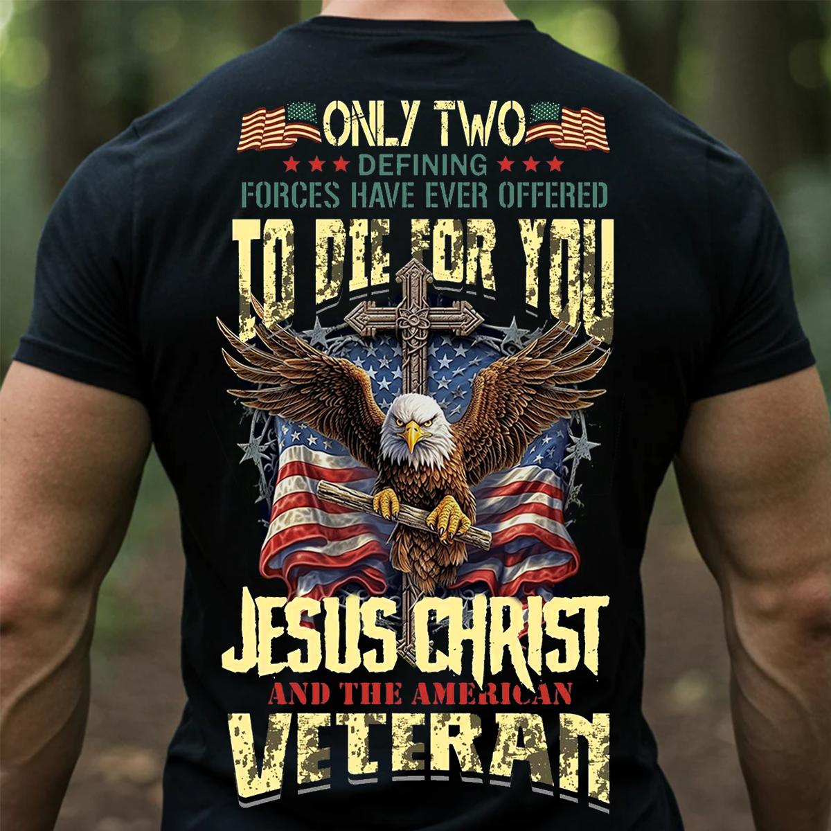Only Two Who Died for You Christian Veteran T-Shirt, Cross Eagle USA Flag Tee