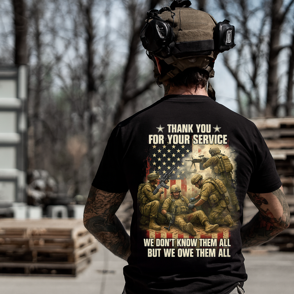 Men’s Thank You For Your Service Veteran T-Shirt – “We Don’t Know Them All But We Owe Them All” American Flag Soldiers Graphic, Military Appreciation Gift for Dad & Grandpa, Veterans Day, Memorial Day, Father’s Day