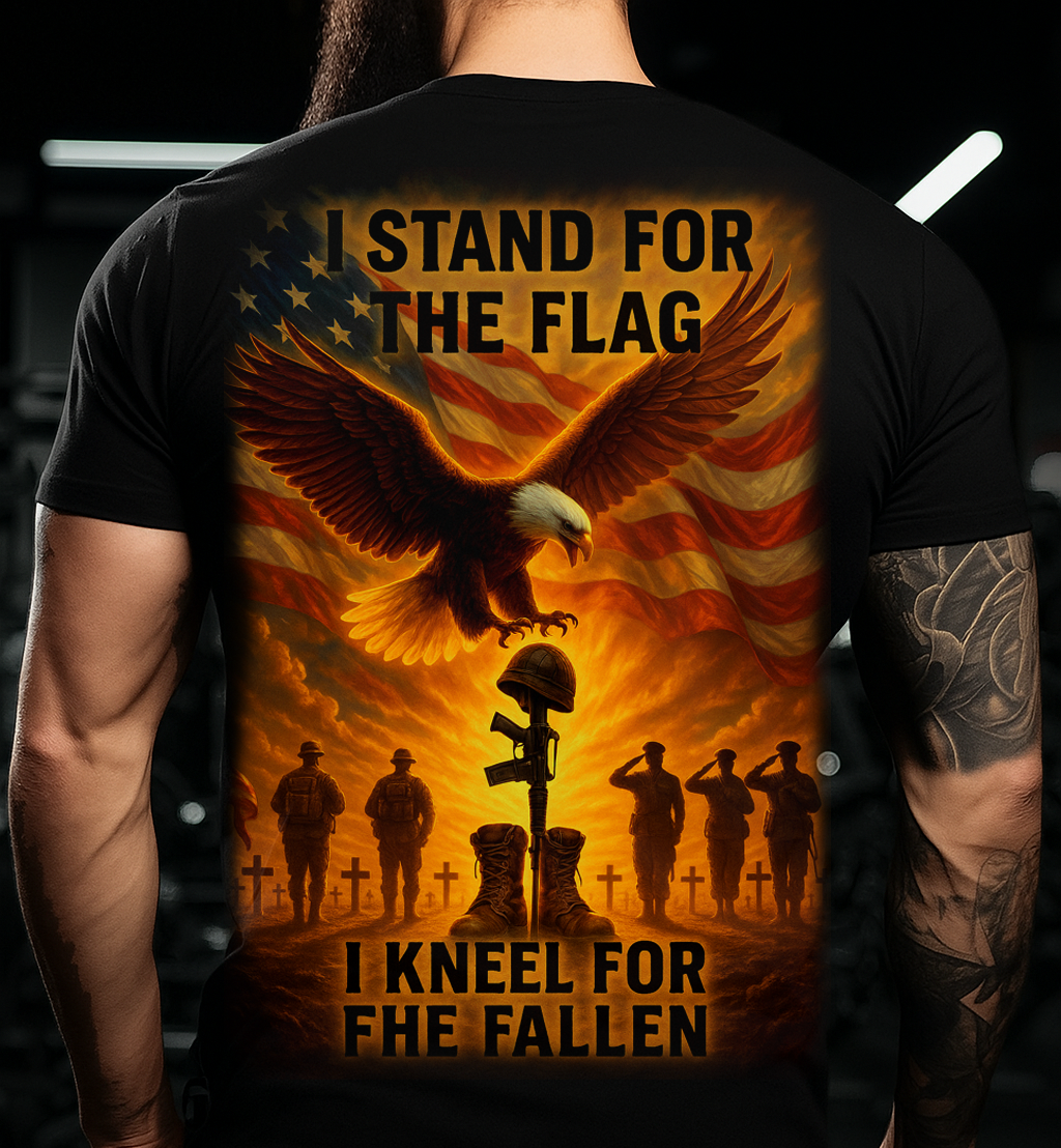 I Stand for the Flag I Kneel for the Fallen T-Shirt – Patriotic Veteran Memorial Shirt with Bald Eagle and American Flag – Military Tribute Gift for Dad or Grandpa