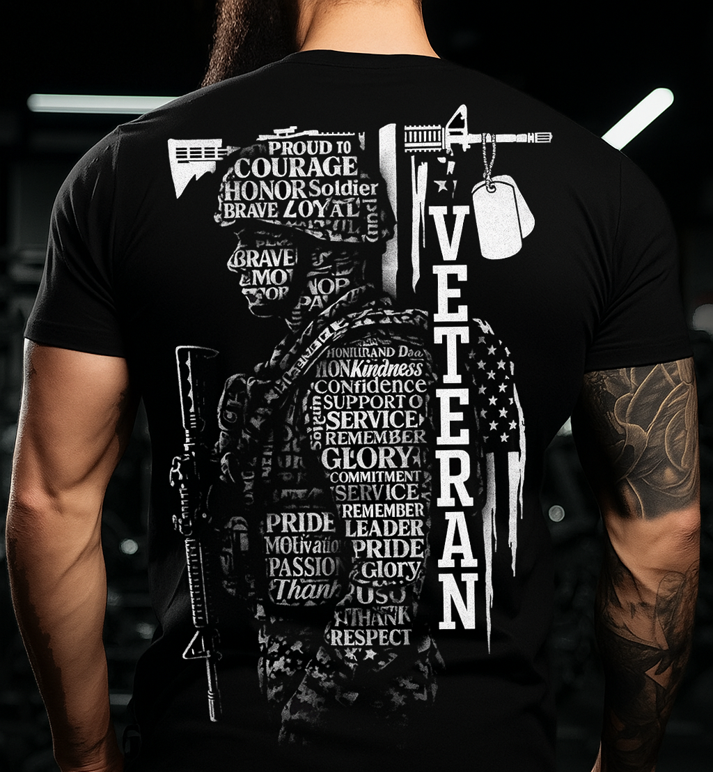 Veteran Soldier Tribute T-Shirt – Courage, Honor, Loyalty, Pride, Service and Glory Word Art Design with Rifle, Dog Tags, and American Flag Graphic