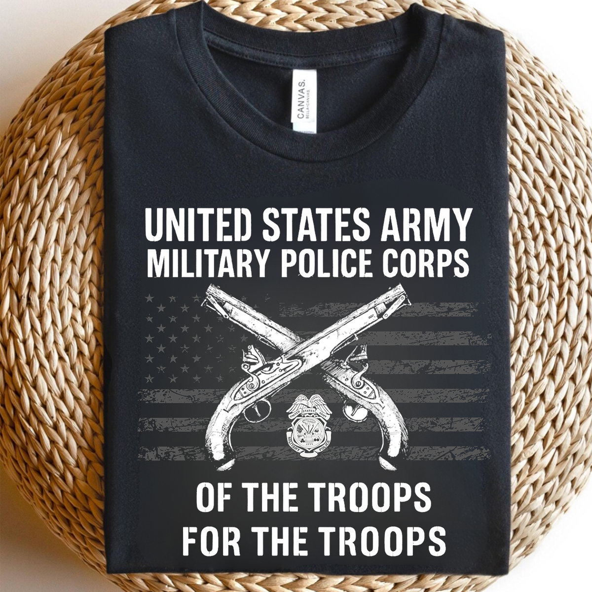 “Of the Troops, For the Troops” Military Police Corps T-Shirt, U.S. Army Crossed Pistols & American Flag Veteran Tee