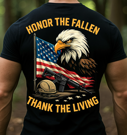 Honor the Fallen Thank the Living T-Shirt for Men, Patriotic American Flag Bald Eagle Military Veteran Shirt, Memorial Day Father’s Gift