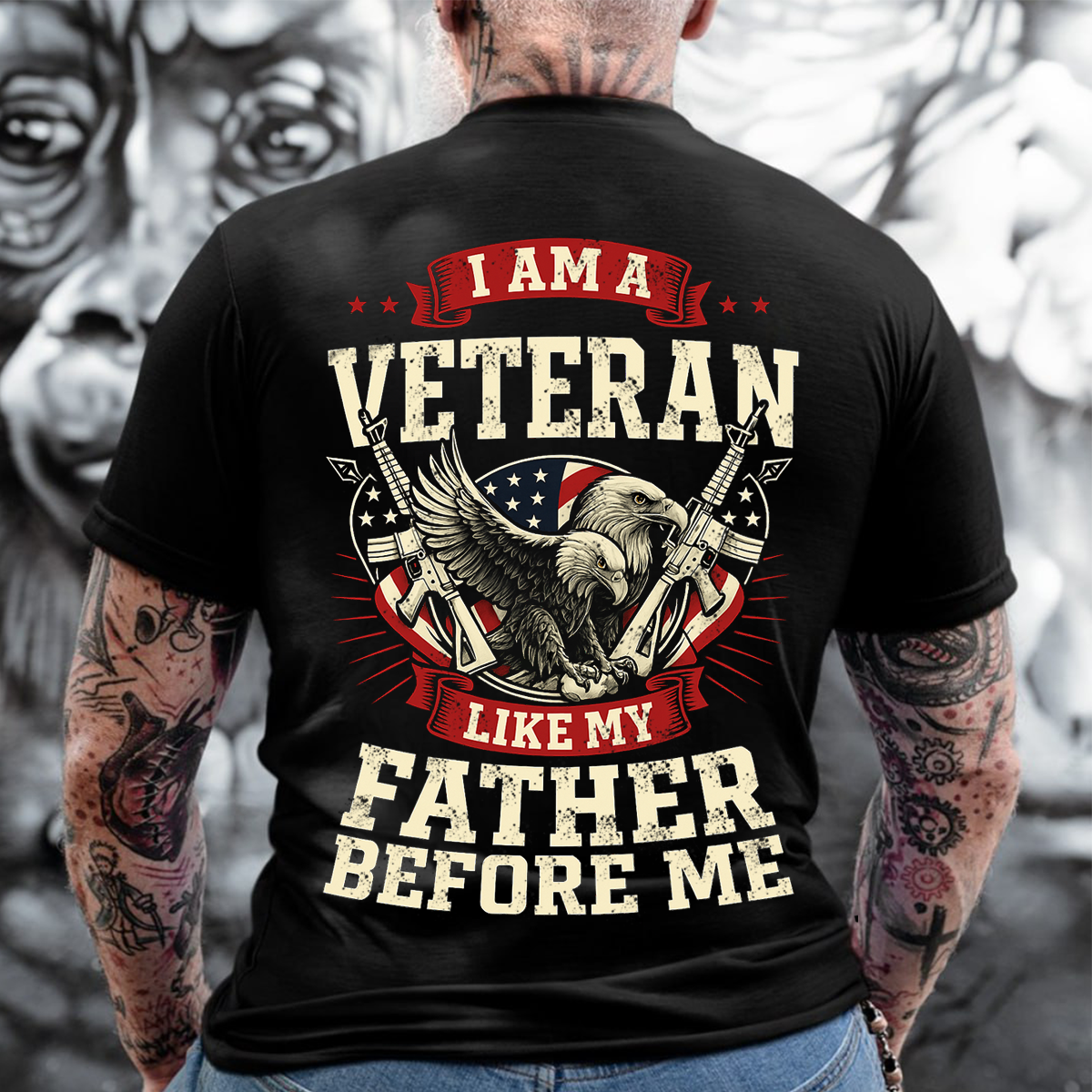 I Am a Veteran Like My Father Before Me T-Shirt – Patriotic Bald Eagle and American Flag Military Tee