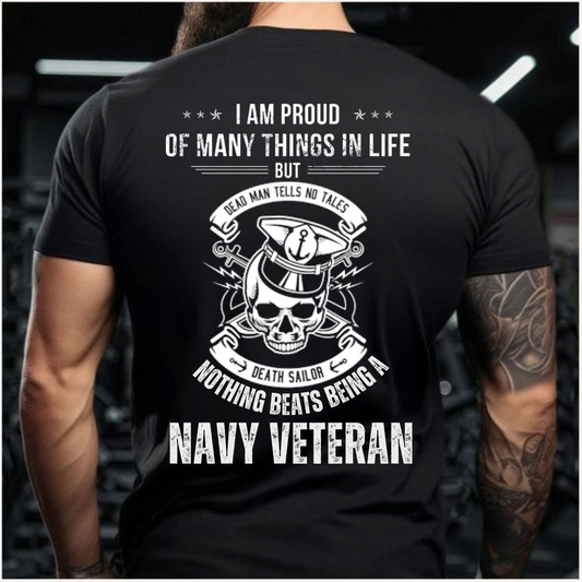 Navy Veteran Graphic Tee – Bold Military Shirt with Quote 'Nothing Beats Being a Navy Veteran', Anchor and Skull Design