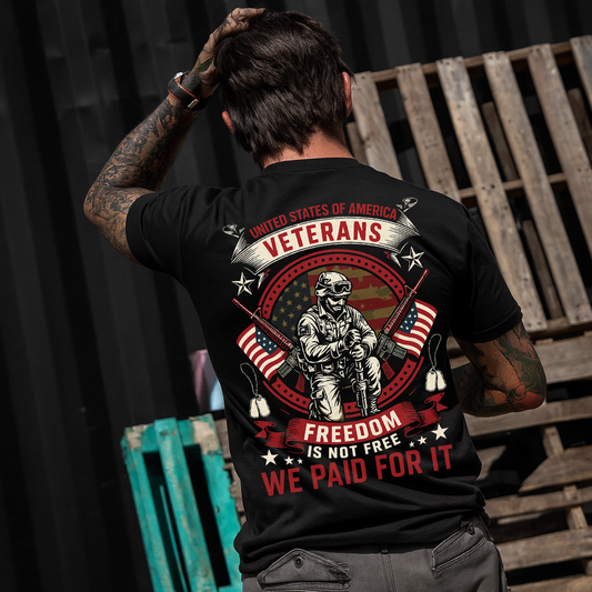 United States Veterans Graphic T-Shirt – Patriotic Military Soldier Design with American Flag, Dog Tags and Rifles, Freedom Is Not Free We Paid for It, Casual Veteran Pride Shirt for Men