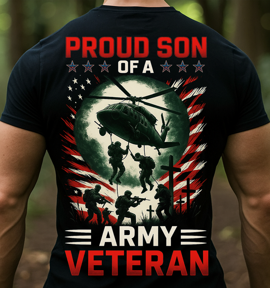 Proud Son of an Army Veteran T-Shirt – Patriotic Military Tribute Tee, Meaningful Gift for Dad and Grandpa Who Served in the US Army