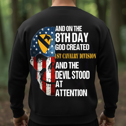US Army 1st Cavalry Division Skull Shirt – The 8th Day God Created Design – Patriotic Veteran Gift for Men