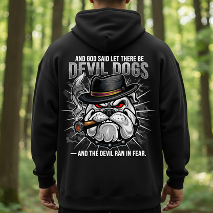 Devil Dogs Military Bulldog T-Shirt, Sweatshirt, Hoodie – And The Devil Ran in Fear – Veteran Graphic Tee for Men