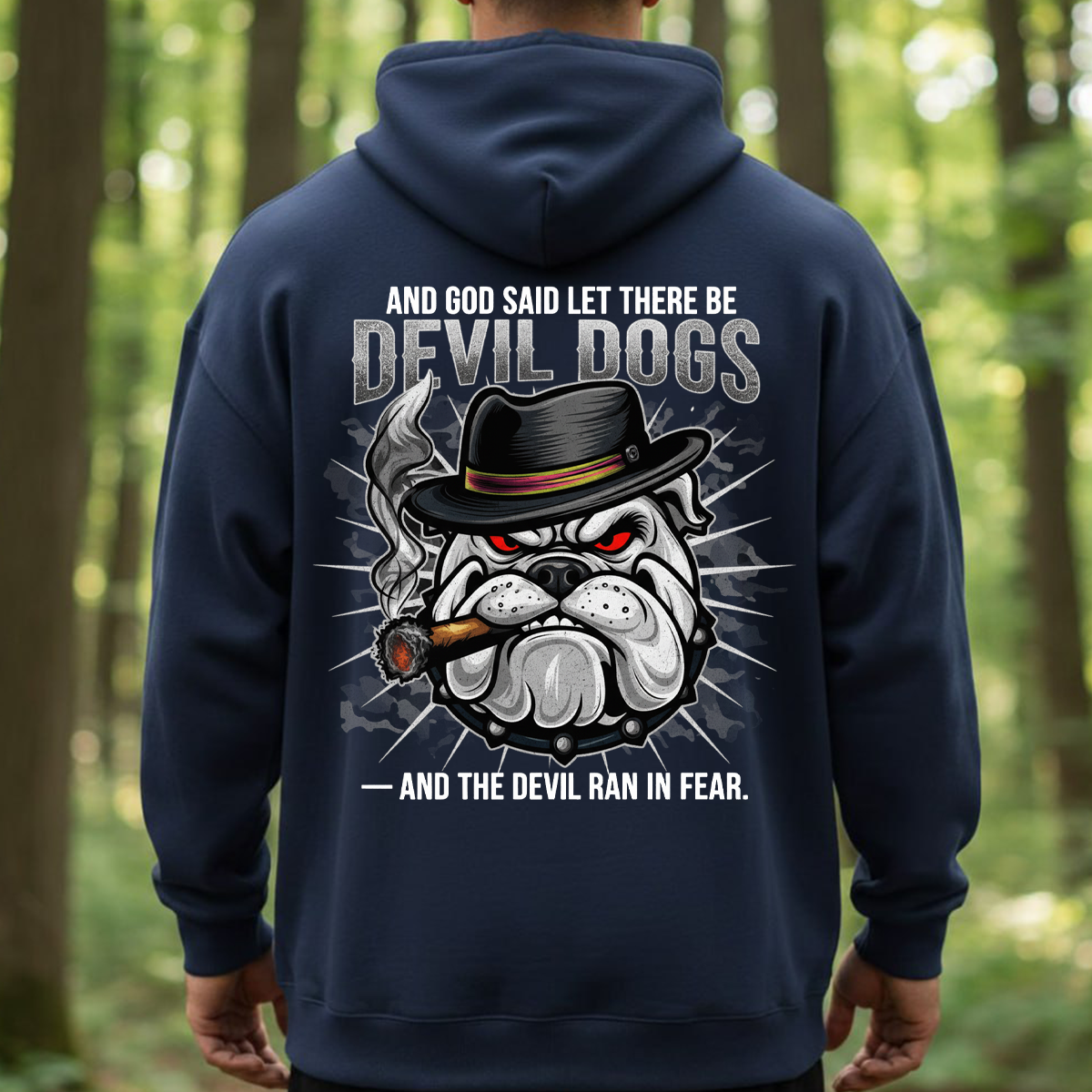 Devil Dogs Military Bulldog T-Shirt, Sweatshirt, Hoodie – And The Devil Ran in Fear – Veteran Graphic Tee for Men