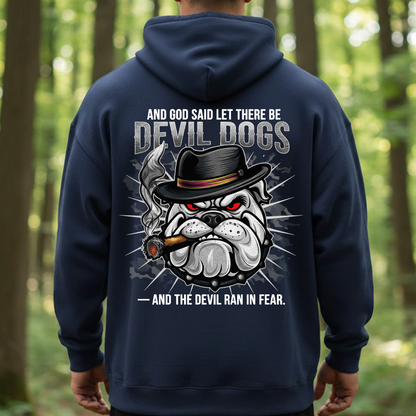 Devil Dogs Military Bulldog T-Shirt, Sweatshirt, Hoodie – And The Devil Ran in Fear – Veteran Graphic Tee for Men