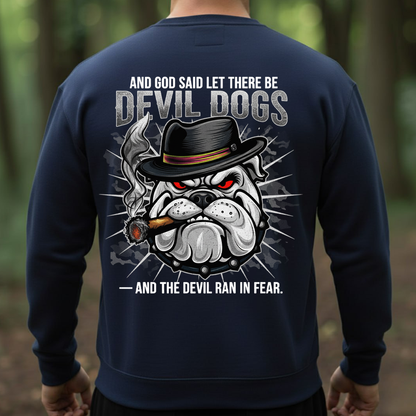 Devil Dogs Military Bulldog T-Shirt, Sweatshirt, Hoodie – And The Devil Ran in Fear – Veteran Graphic Tee for Men