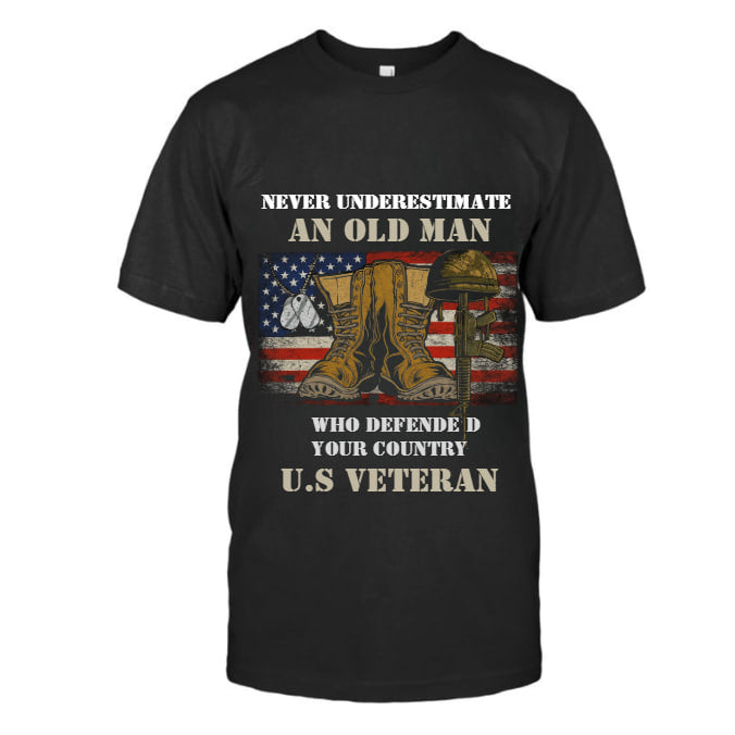 "Never Underestimate an Old Man"– Military Boots and Flag Graphic Tee, Old Man Warrior Pride Gift