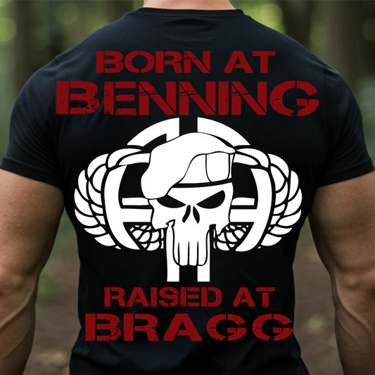 82nd Airborne Division Shirt – Born at Benning Raised at Bragg Military Veteran T-Shirt