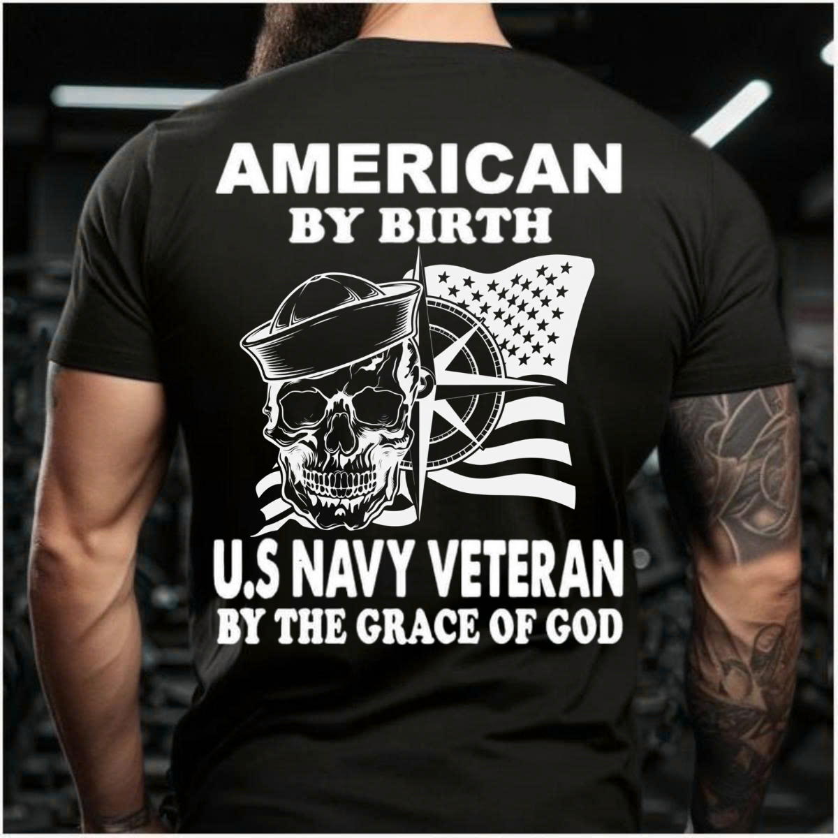 Navy Veteran T-Shirt – Skull Sailor with Flag – Proud Military Apparel