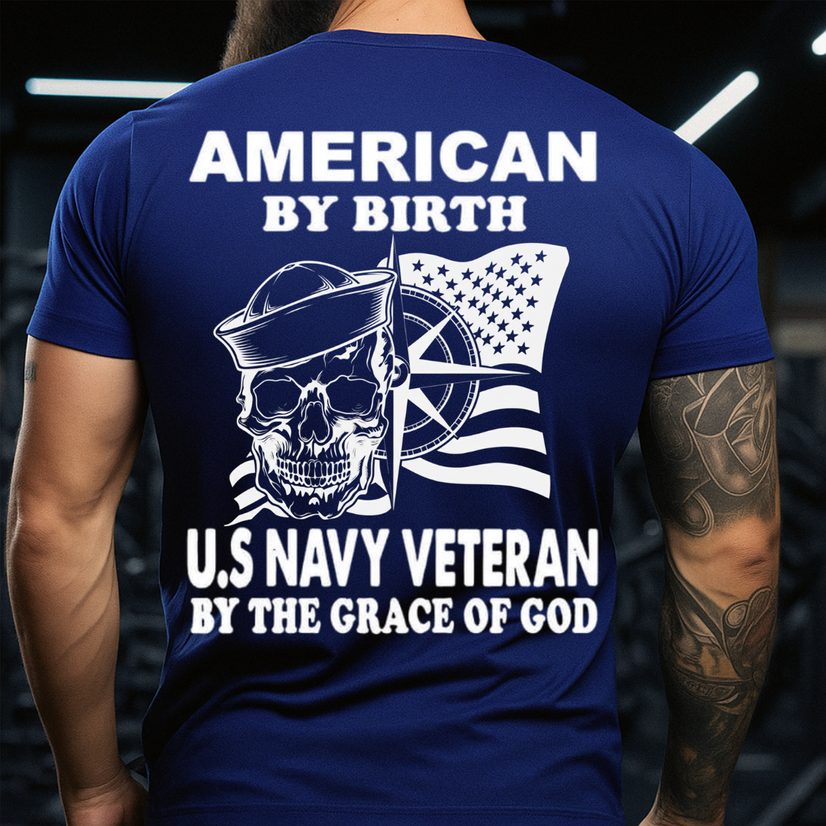 Navy Veteran T-Shirt – Skull Sailor with Flag – Proud Military Apparel