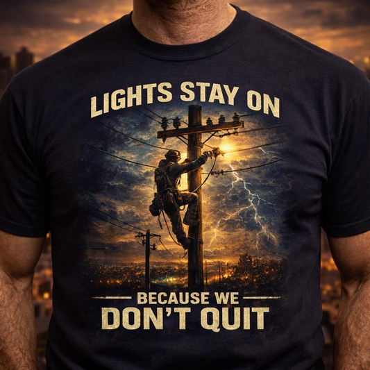 Lineman Shirt - Lights Stay On Because We Don't Quit - Electrical Worker Journeyman Power Line Technician Gift