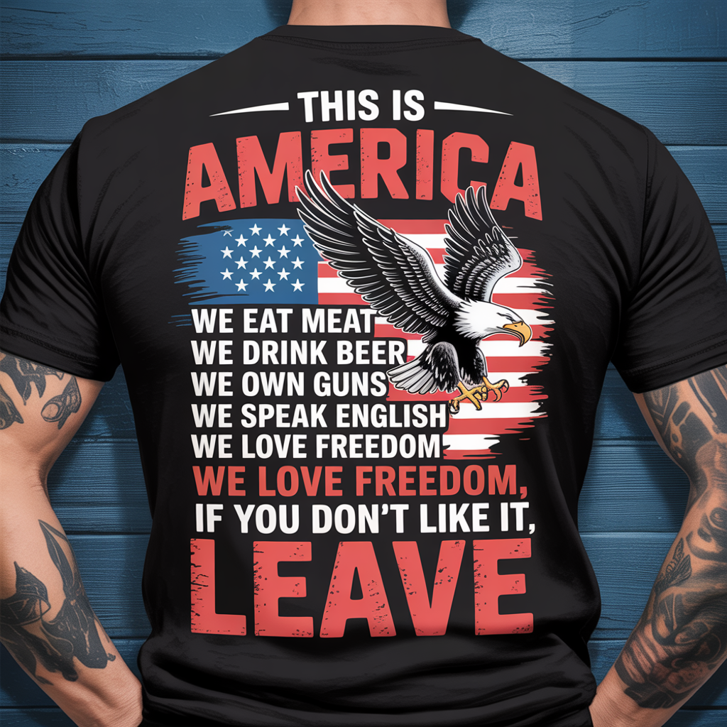 This Is America Patriotic Bald Eagle T-Shirt | We Eat Meat Drink Beer Own Guns Conservative Flag Tee