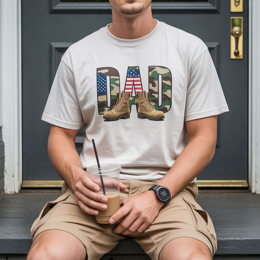 Proud Military Dad T-Shirt - Camo American Flag & Combat Boots Veteran Father Gift