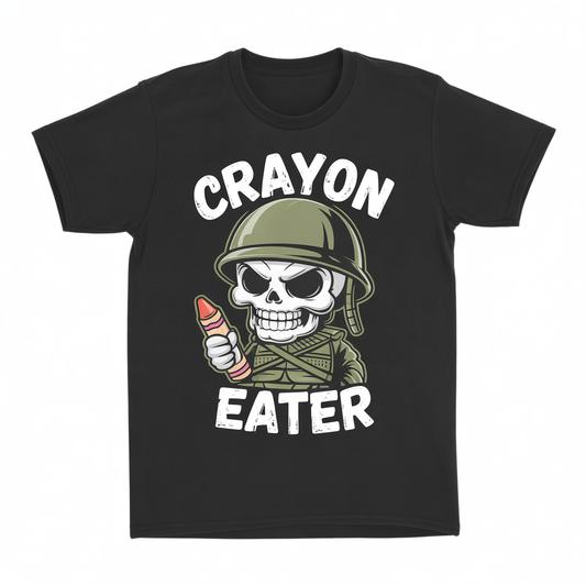Funny Crayon Eater Skull T-Shirt | Military Humor Marine Veteran Graphic Tee