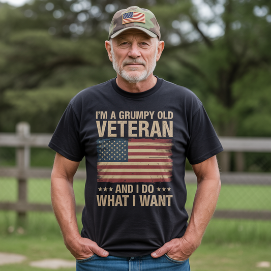 Grumpy Old Veteran American Flag T-Shirt - Funny Patriotic Military Gift for Dad & Grandpa