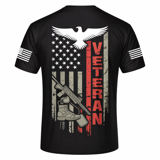 Proud Military Veteran T-Shirt | Distressed US Flag, Eagle & Rifle Patriotic Graphic Tee