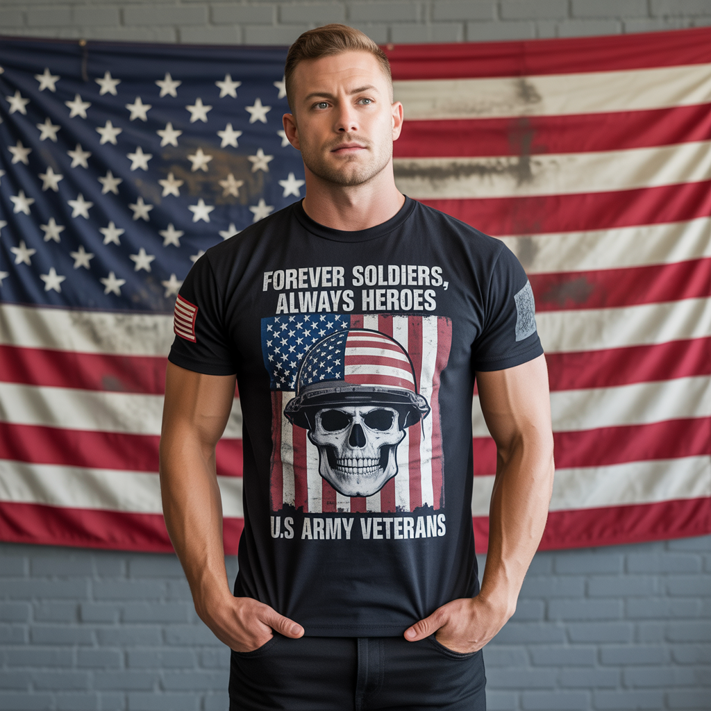 Patriotic US Army Veteran Skull T-Shirt | Forever Soldiers Always Heroes American Flag Military Tee