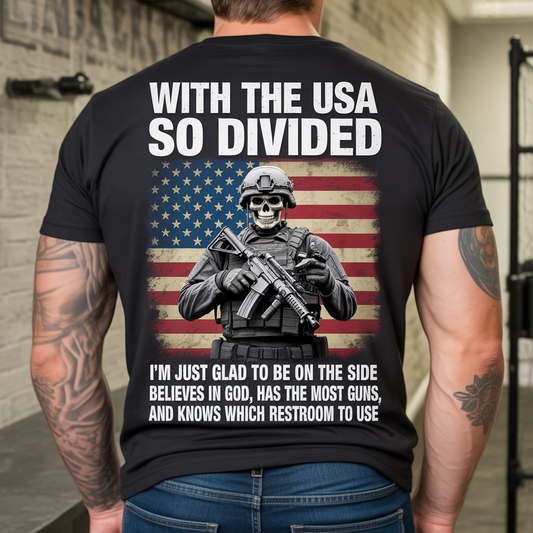 With The USA So Divided Conservative Patriotic 2nd Amendment Tactical Skeleton Soldier T-Shirt