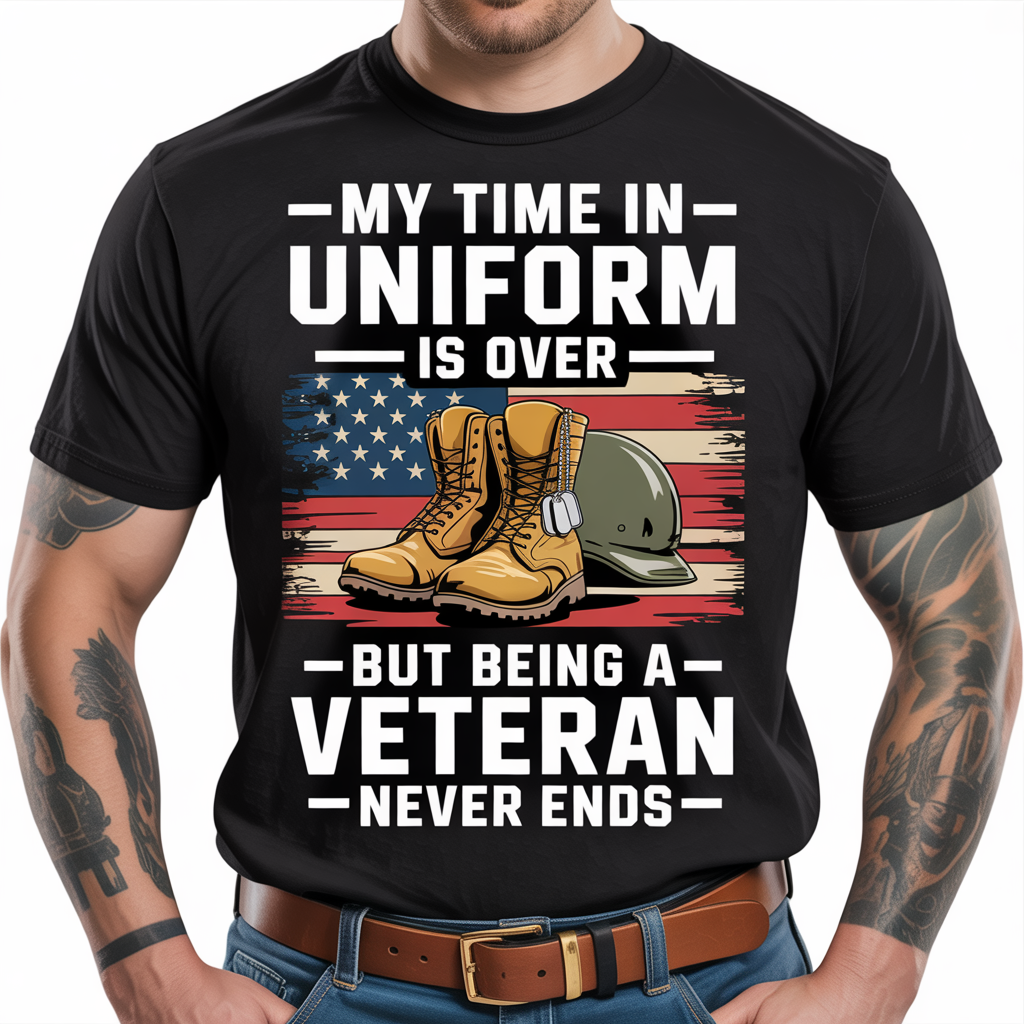 Proud US Veteran T-Shirt | My Time In Uniform Is Over Combat Boots & Flag Design | Military Retirement Gift