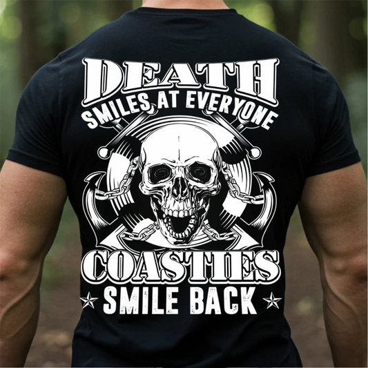 Death Smiles at Everyone Coasties Smile Back Sweatshirt – Coast Guard Veteran Skull Pullover – Military Maritime Gift for Men