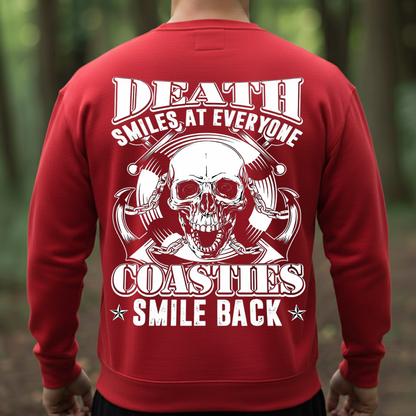 Death Smiles at Everyone Coasties Smile Back Sweatshirt – Coast Guard Veteran Skull Pullover – Military Maritime Gift for Men