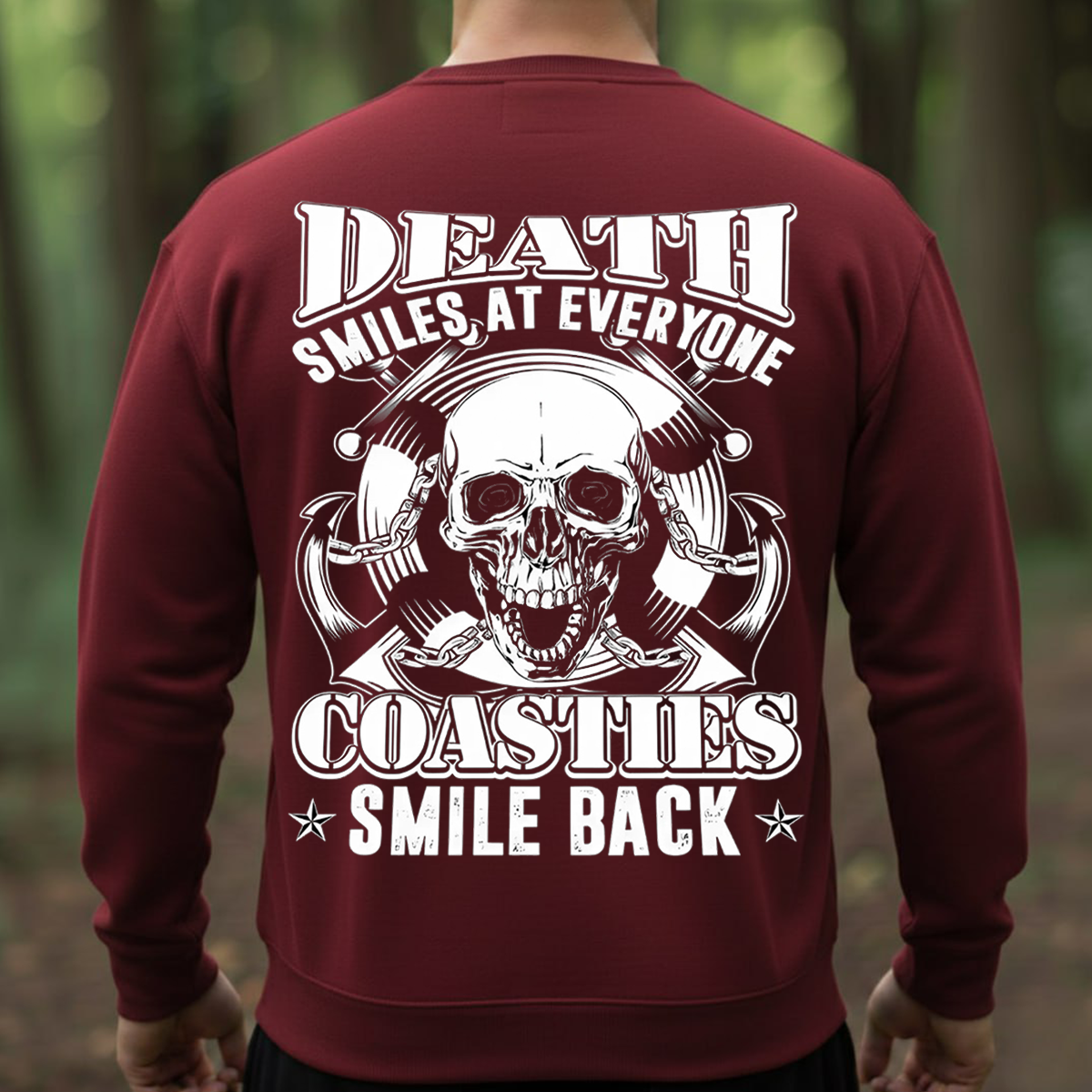 Death Smiles at Everyone Coasties Smile Back Sweatshirt – Coast Guard Veteran Skull Pullover – Military Maritime Gift for Men