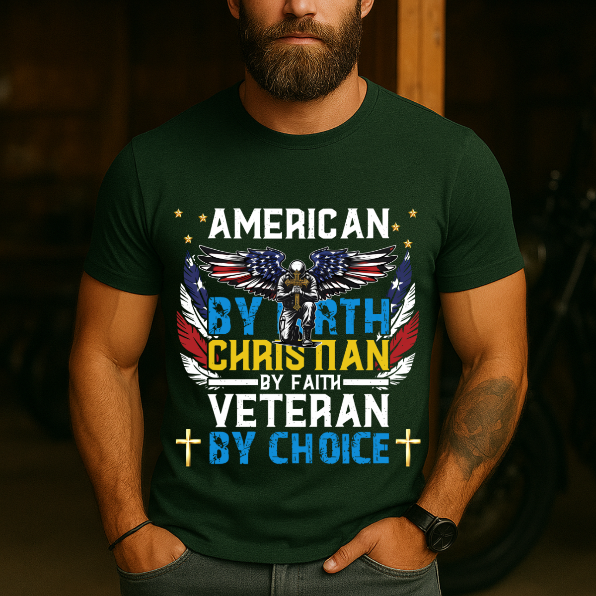 Veteran T-Shirt – American by Birth, Christian by Faith, Veteran by Choice – Patriotic Christian Tee
