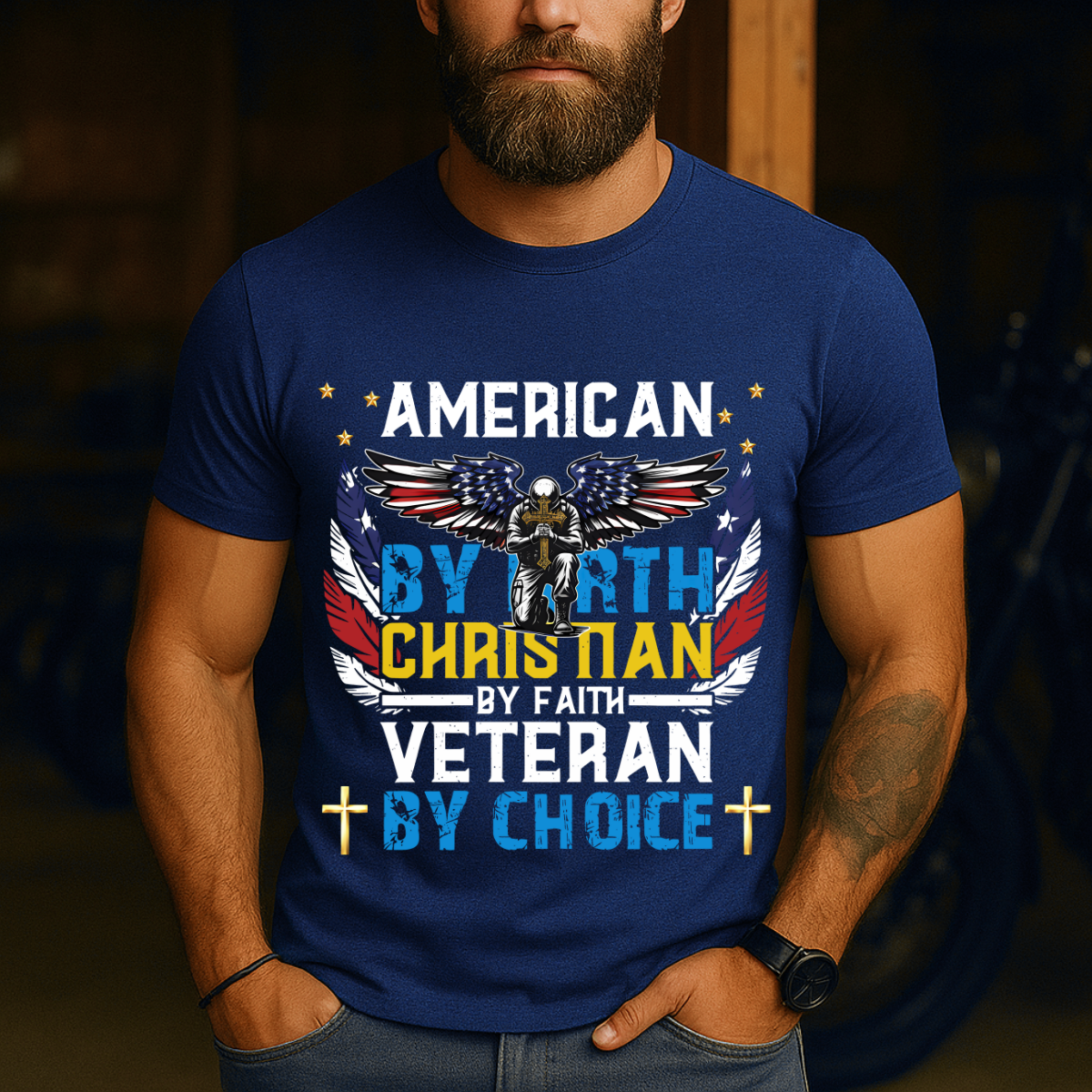 Veteran T-Shirt – American by Birth, Christian by Faith, Veteran by Choice – Patriotic Christian Tee