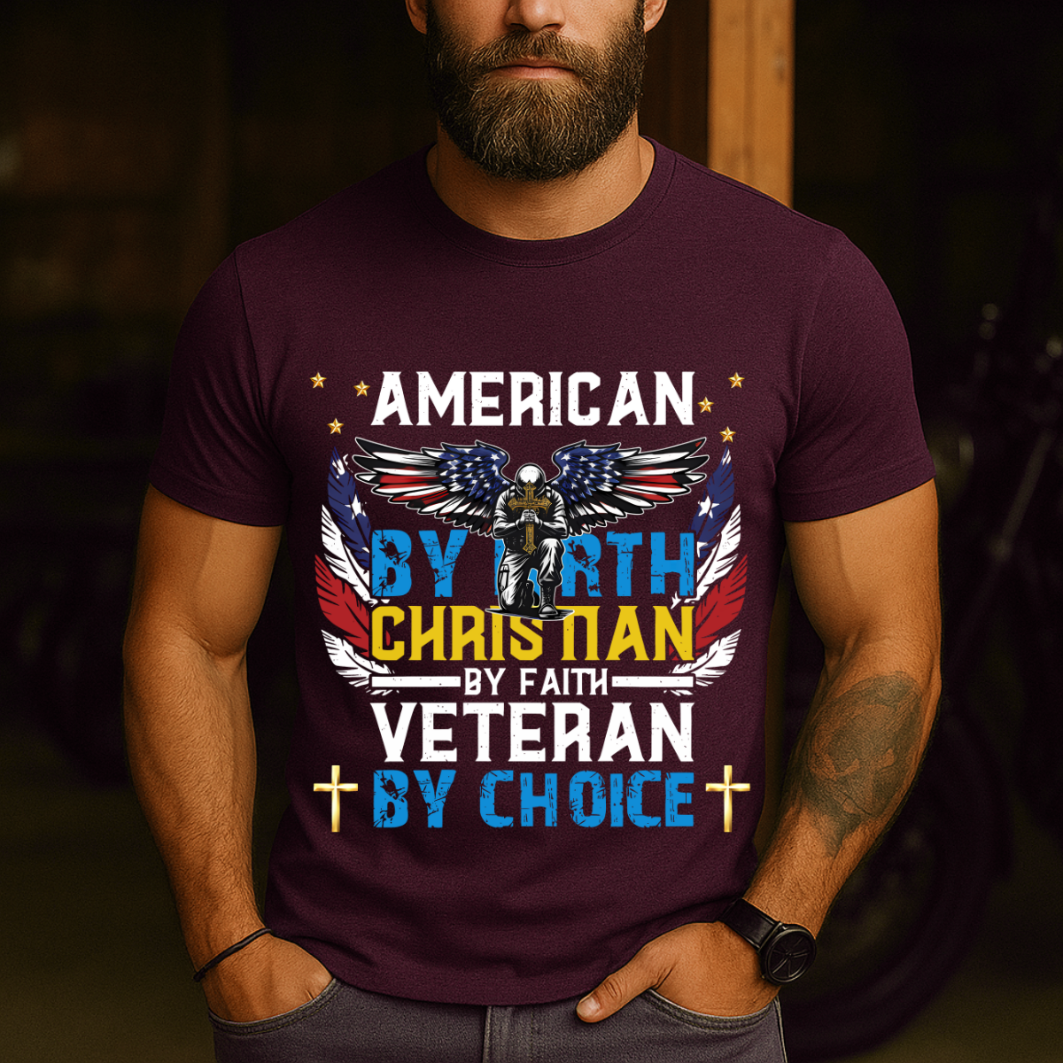 Veteran T-Shirt – American by Birth, Christian by Faith, Veteran by Choice – Patriotic Christian Tee