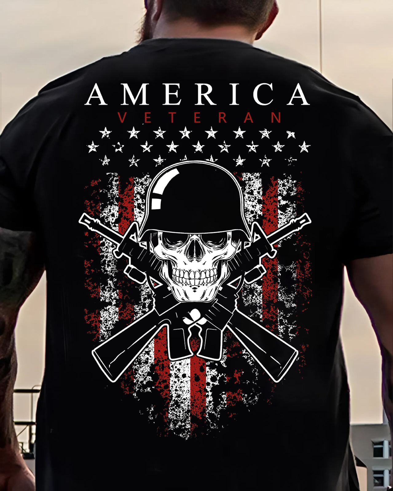 America Veteran Shirt – Skull and Crossed Rifles with American Flag – Patriotic Military Apparel