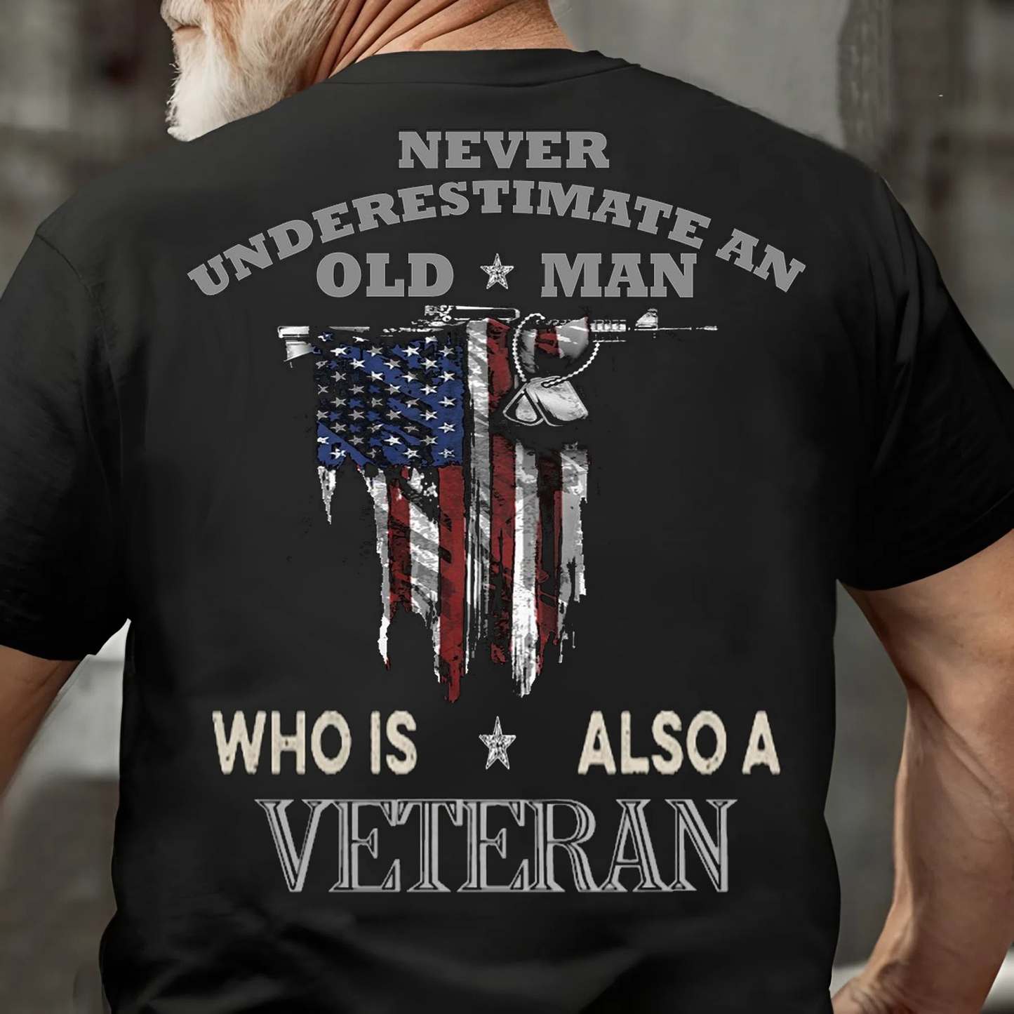 Never Underestimate an Old Man – Veteran T-Shirt – Patriotic American Flag Design – Military Tribute Apparel