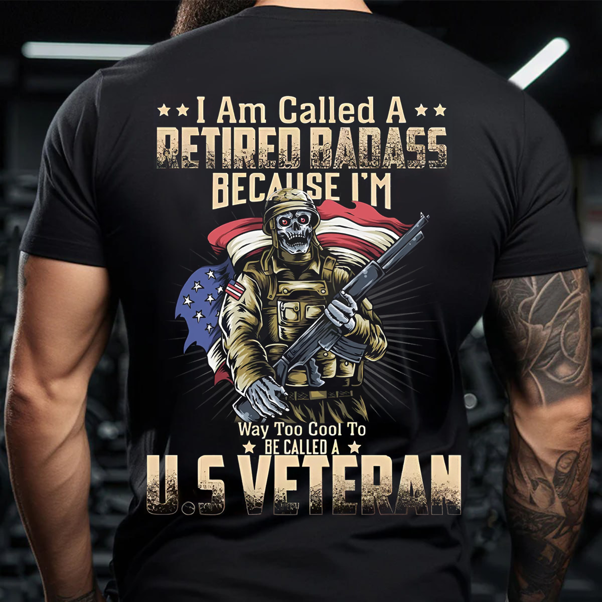 Retired Badass T-Shirt – Cool US Veteran Military Skull with American Flag