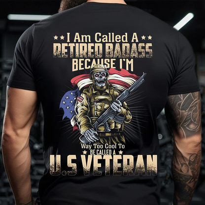 Retired Badass T-Shirt – Cool US Veteran Military Skull with American Flag