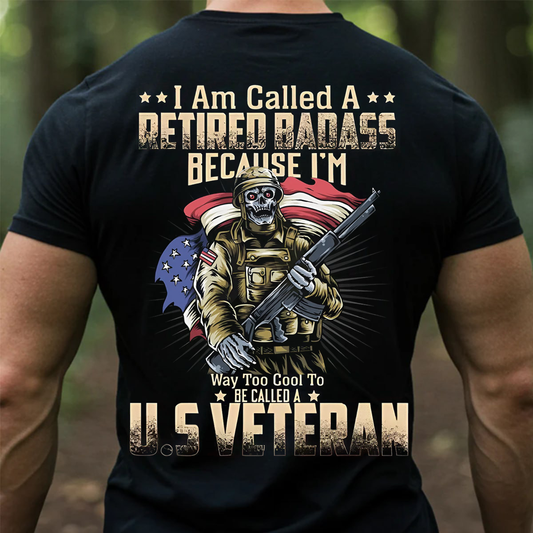 Retired Badass T-Shirt – Cool US Veteran Military Skull with American Flag