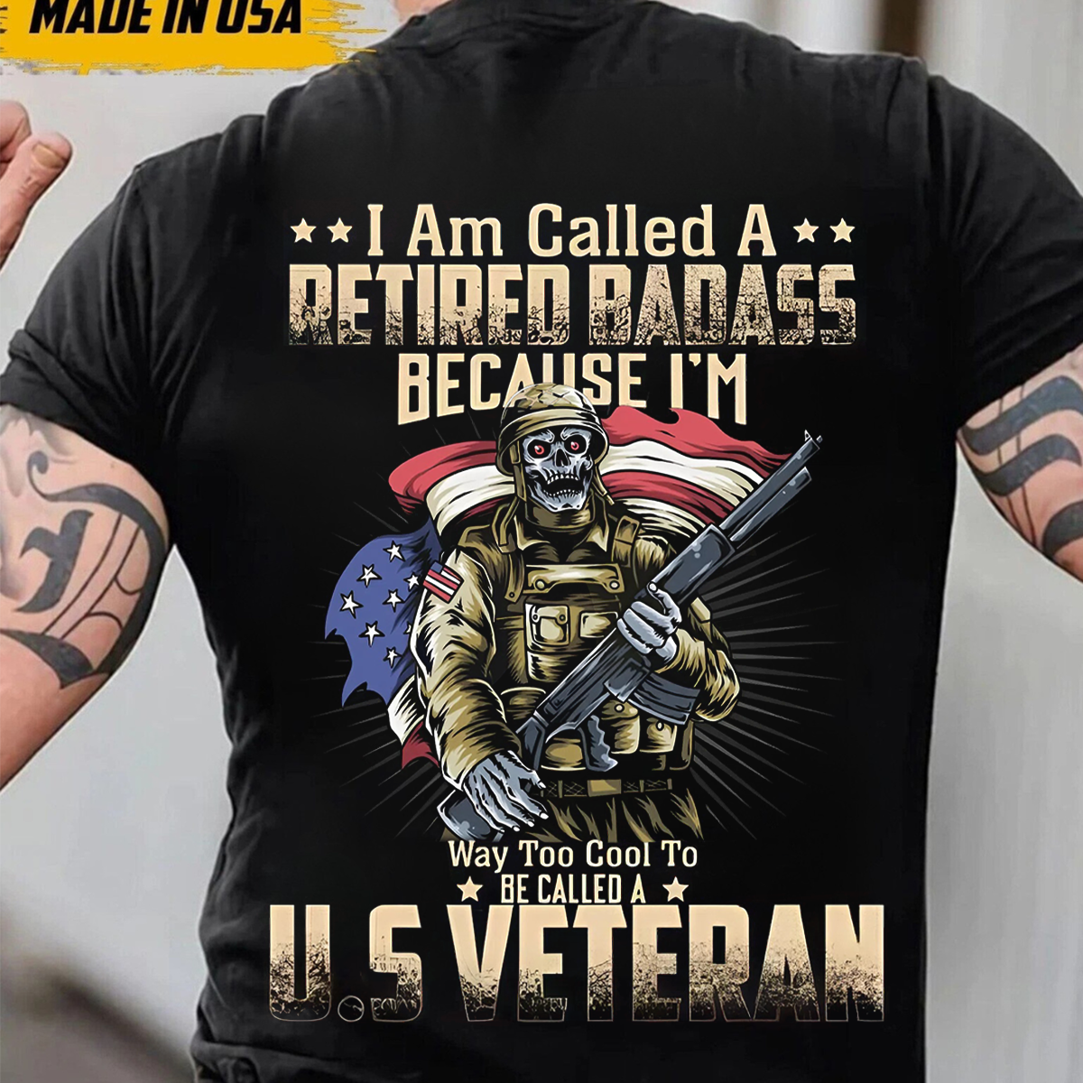 Retired Badass T-Shirt – Cool US Veteran Military Skull with American Flag